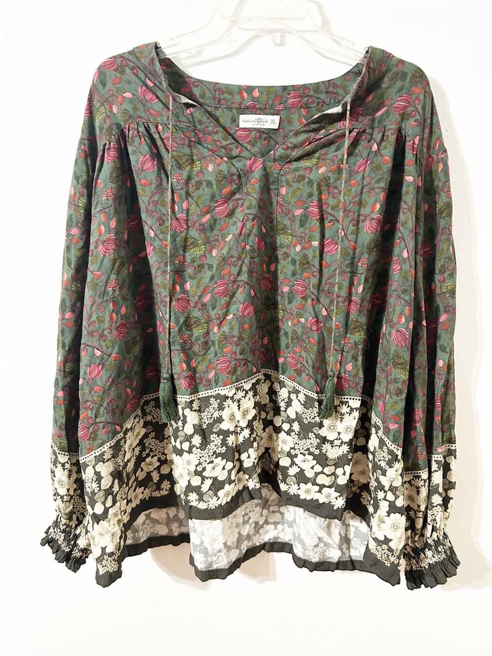Natural Life Floral Boho Peasant Blouse Olive Green Pink Size XL